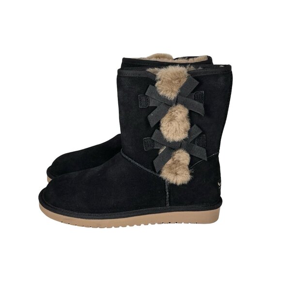 NEW Kookaburra By UGG Victoria Suede Boots SZ 8 Black Shearling Fur Bow Winter - Picture 1 of 11